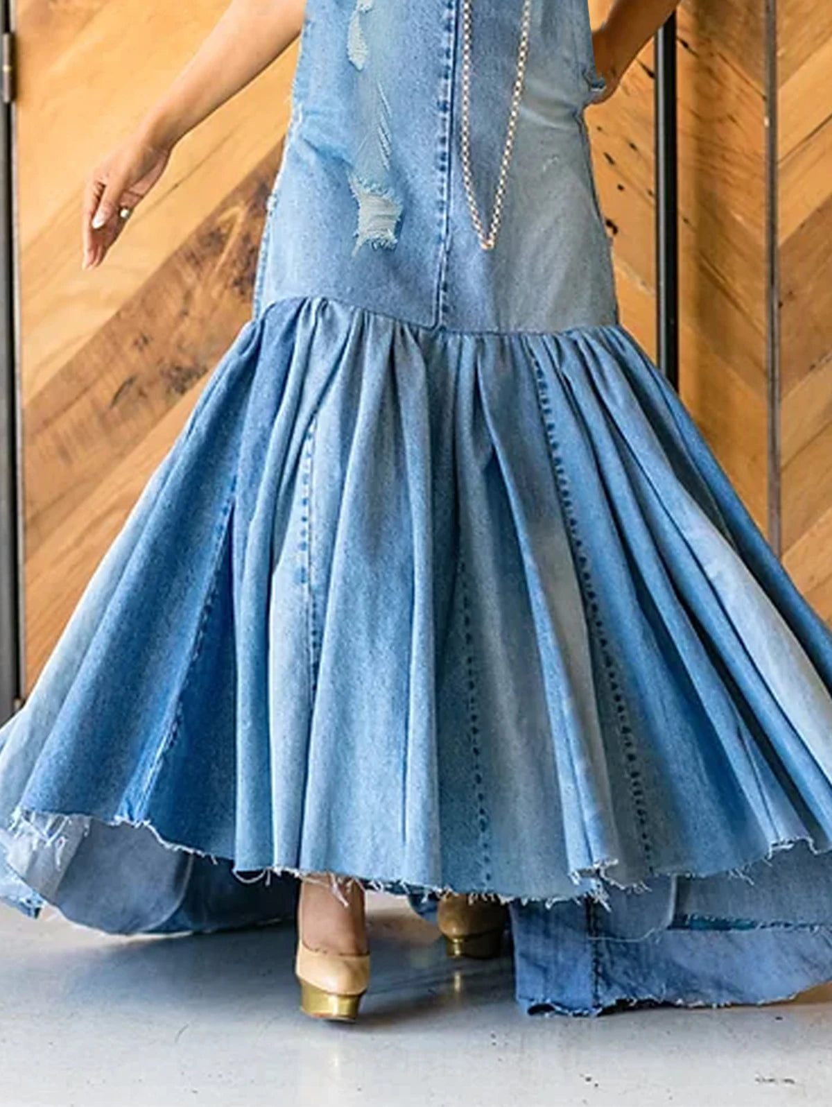 Denim Bowtie Neck Halter Big Swing Sleeveless Flared Mermaid Plus Size Maxi Jean Dress to 4X