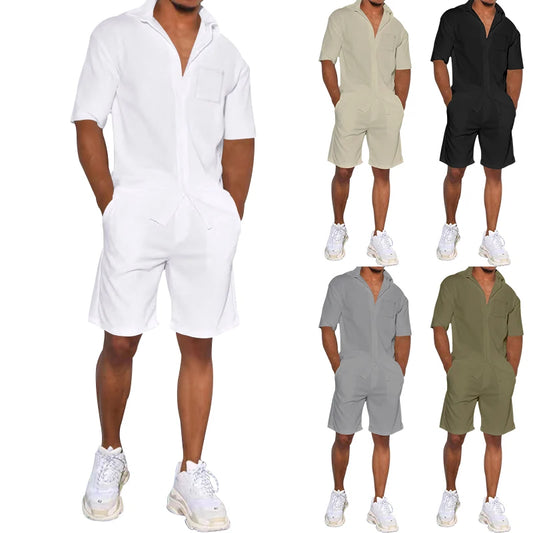 Men's Solid Color Short Sleeve Turn-Down Collar Shirt + Loose Shorts 2-Piece Set