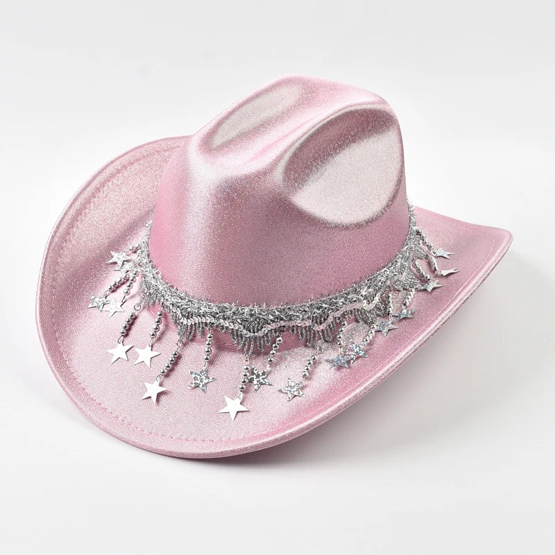 Sequin Rhinestone Metallic Tassel Fringe Women's Cowgirl Fedora Hat
