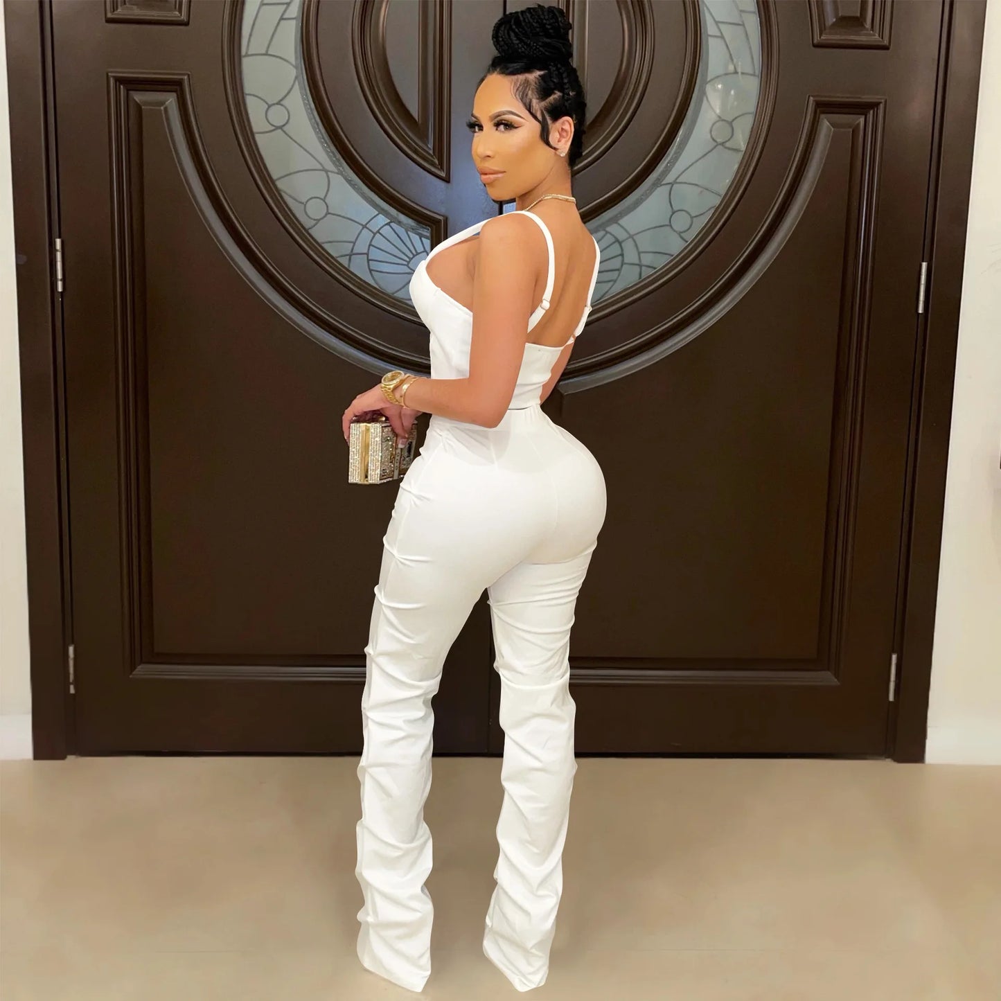 Corset Top Hollow-Out Zipper Front Cropped Tank Top + Stacked Zipper Front Pants Women's 2-Piece Set