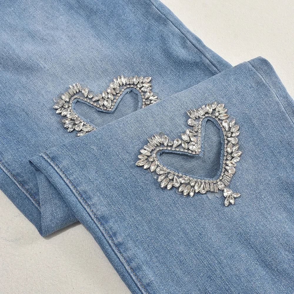 Women's Rhinestone Cut-Out Heart Design Patchwork Wide Leg Jeans