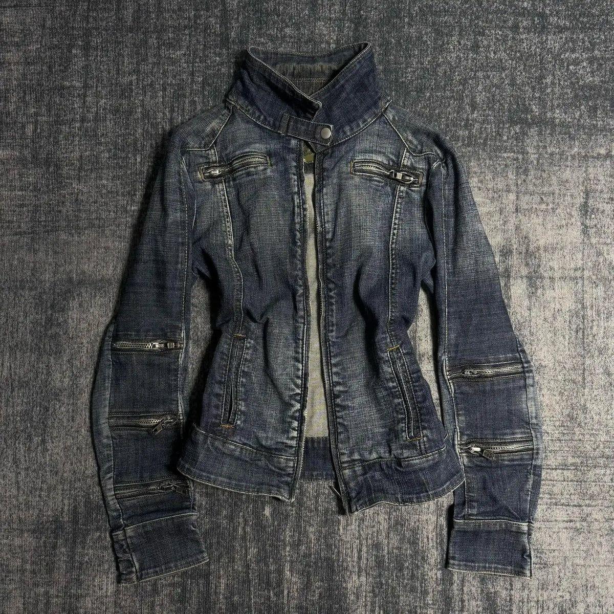 Y2K Vintage Blue Denim Jacket Women Harajuku Fashion  Short Multi Zip Zipper Coat Gothic Punk Sexy Slim Fit Stand Collar Jacket