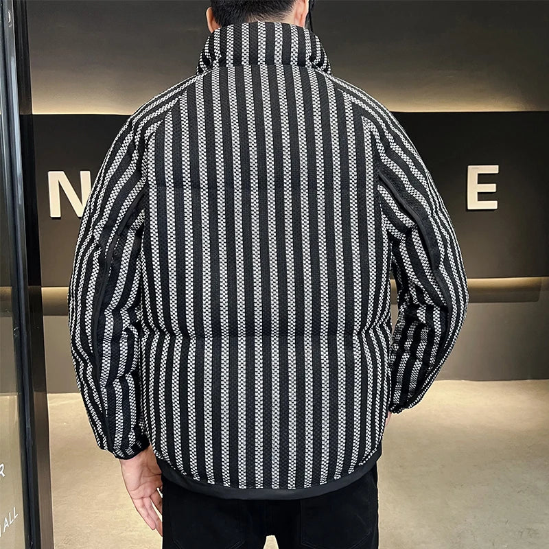 Men's Striped Colorblock Pocket Zipper Down Feather Jacket