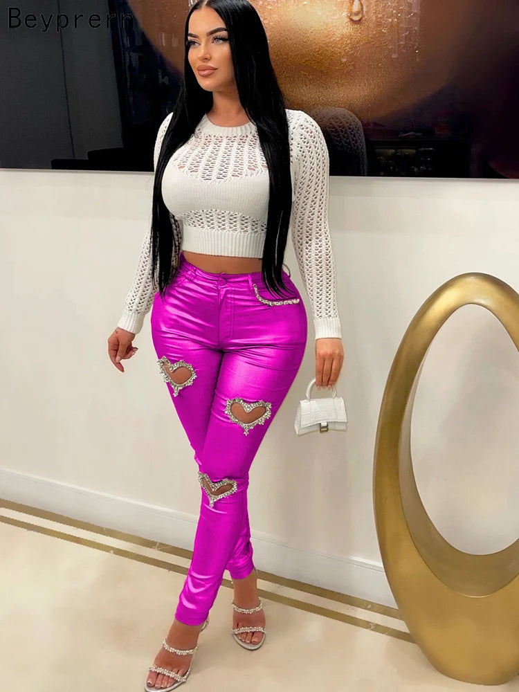 Rhinestone Metallic PU Leather Heart Cut-Out Design High Waist Women's Bodycon Pants