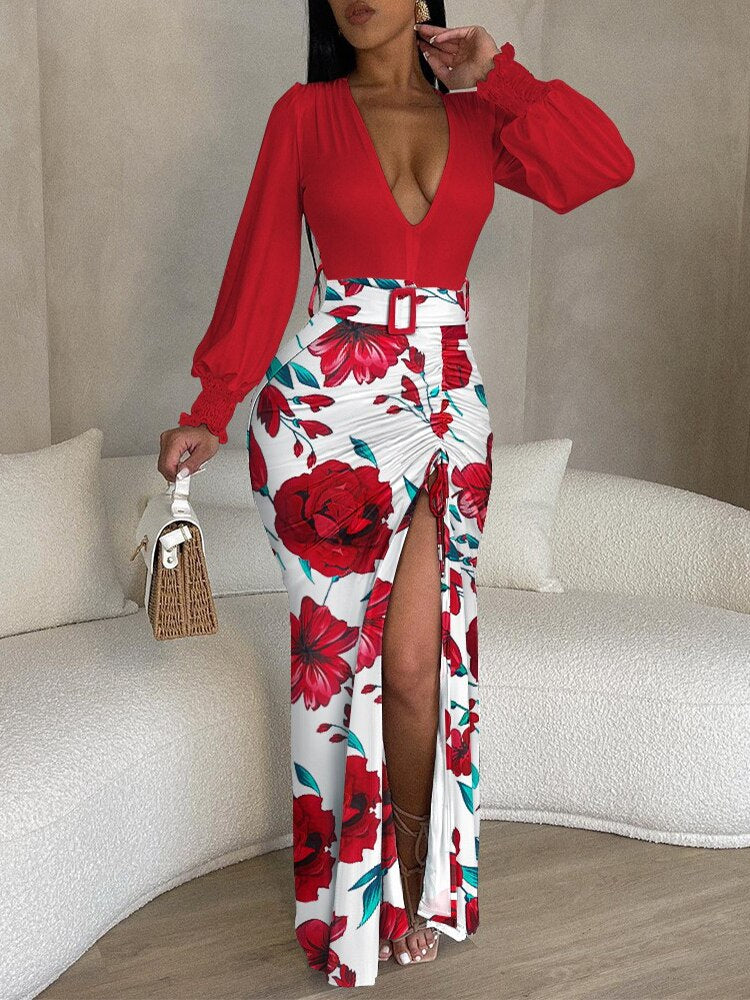 Geometric/Floral/Tropical/Zebra Print Plunge High Slit Drawstring Maxi Dress