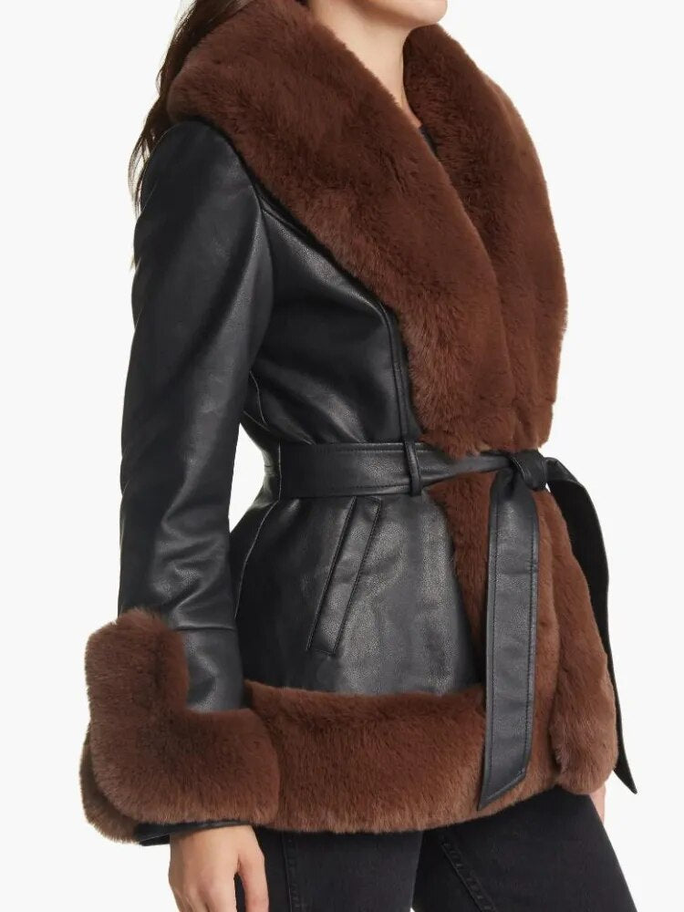 Faux Fur PU Leather Short Tie Belt Waist Coat