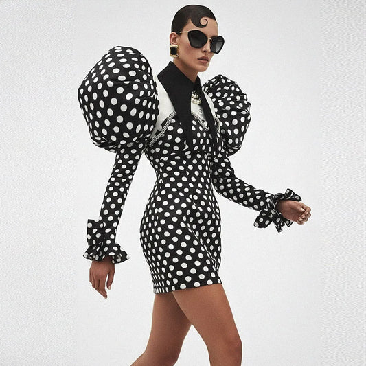 Satin Polka Dot Print Short Bubble Puff Sleeve Mini Party Dress