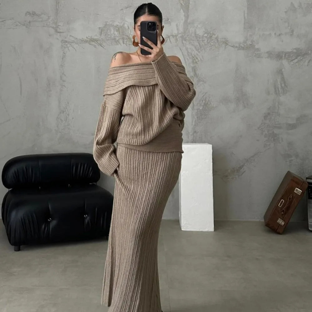 Off-the-Shoulder Women's Sweater + Solid Knitted Maxi Skirt Two-Piece Sweater Set