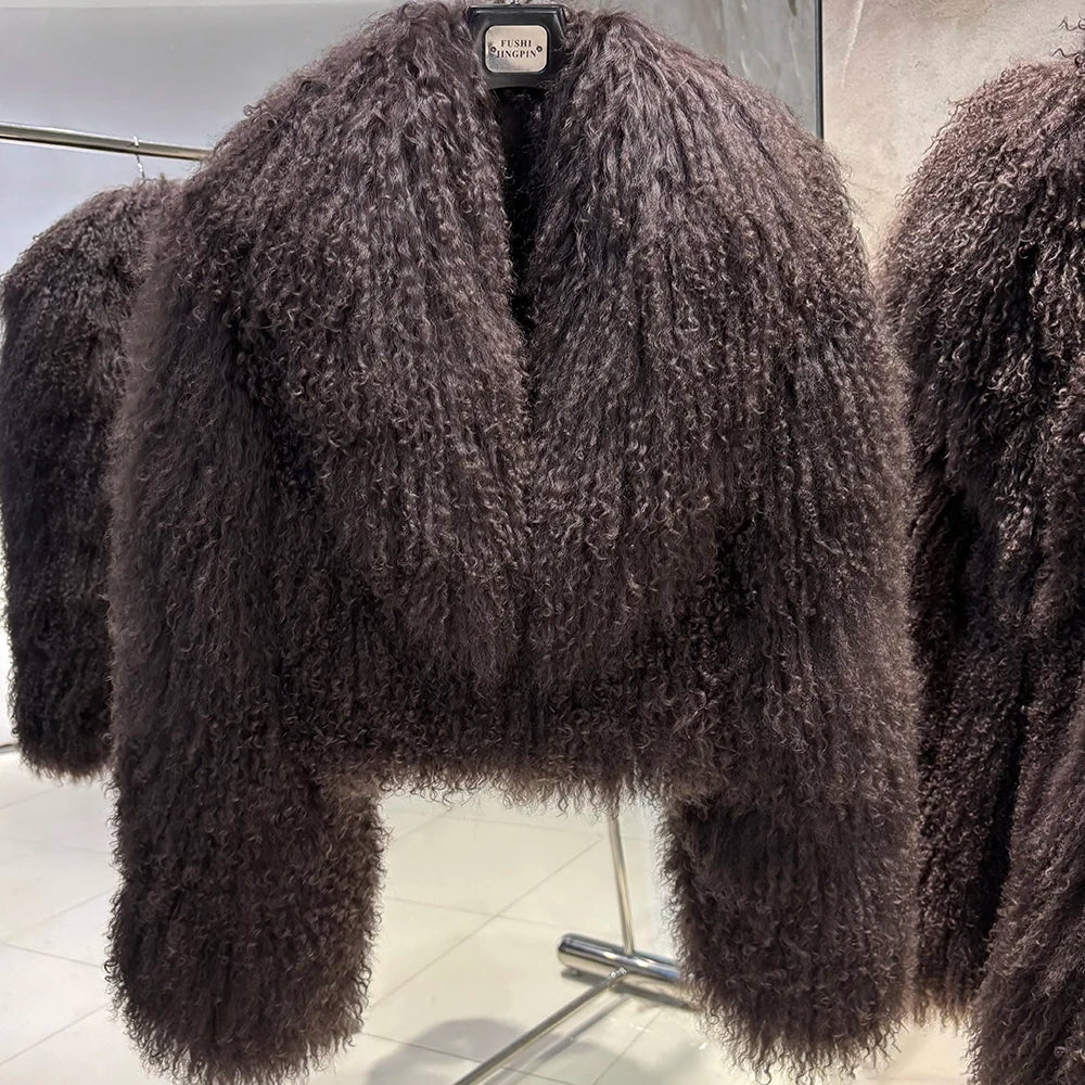 Shaggy Mongolia Sheep Fur Oversized Collar Women's Jacket to 8X Plus Size