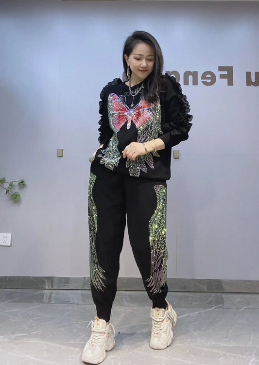 Ruffled Glitter Rhinestone Metallic Butterfly Angel Wing Printed Knitted Women's Tracksuit