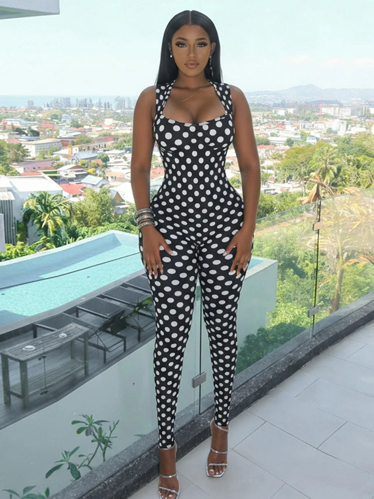 Black/White Polka Dot Print Backless Sleeveless Square Neck Women's Skinny Jumpsuit