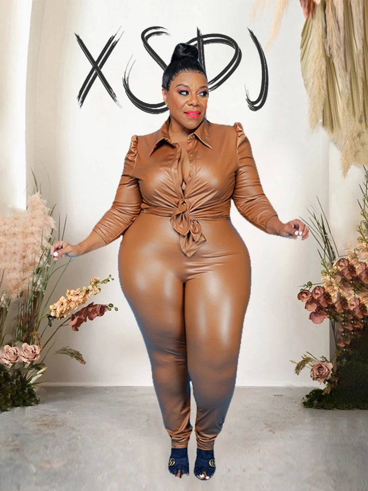 Faux Leather Solid Color Button Front Long Sleeve Turn-Down Collar Blouse + Solid Leggings 2-Piece Set to 5X Plus Size