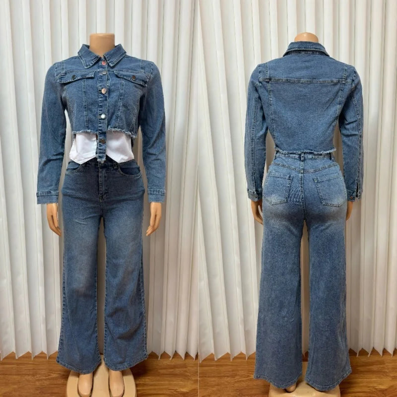 Washed Denim Long Sleeve Cropped Jean Jacket + Straight Jeans  Set