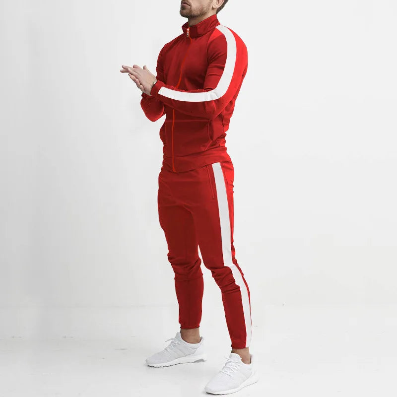 Men's Striped Mandarin Collar Fitness Zipper Jacket + Skinny Side Striped Jogger Sweatpants Tracksuit