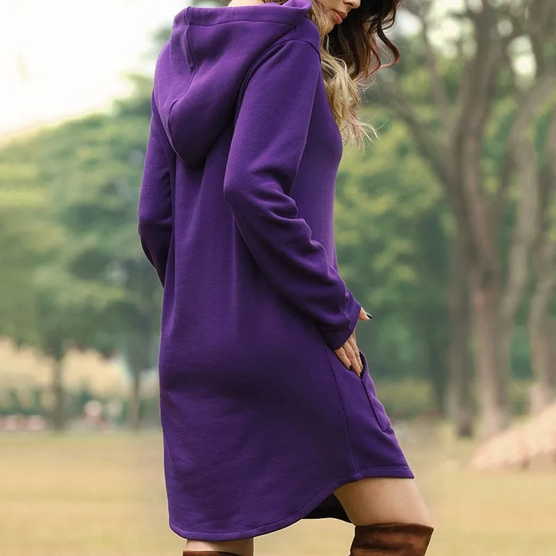 Oversized Pullover Drawstring Solid Color Knee-Length Hoodie Sweatshirt Dress to 3X Plus Size