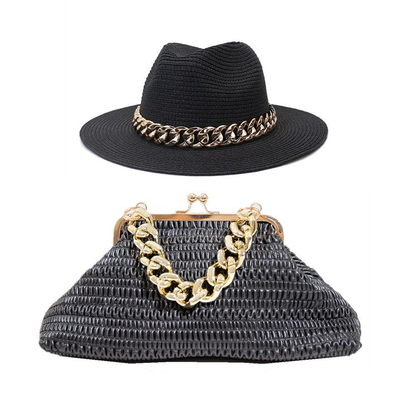 Fedora Chain Link Straw Hat + Chain Link Purse Set