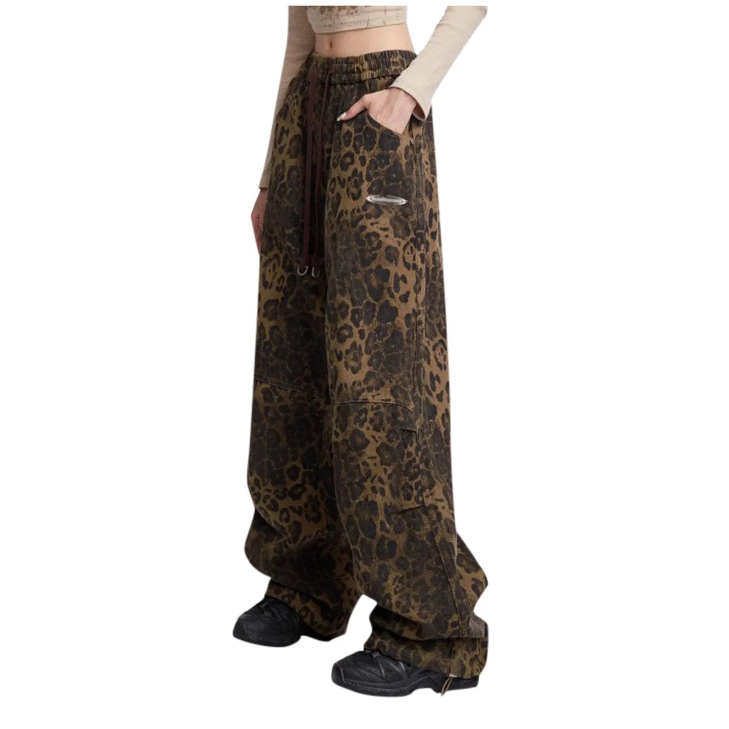 Women's Leopard Print Jeans Cargo Hip-Hop Streetwear Drawstring Elastic Waist Jeans