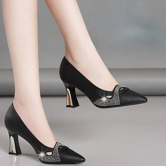 Rhinestone Glitter Classic Pointed Toe Slip-On Office Heel Pumps