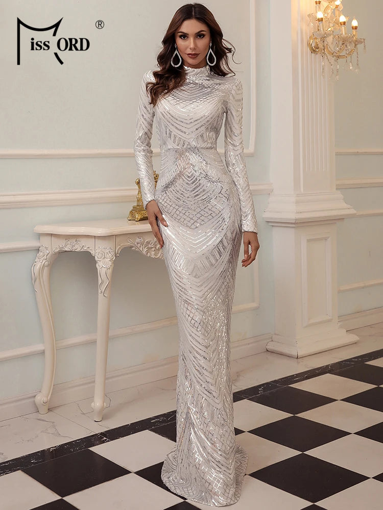 Sequin Bodycon Evening Long Sleeve High Neck Maxi Party/Prom Dress