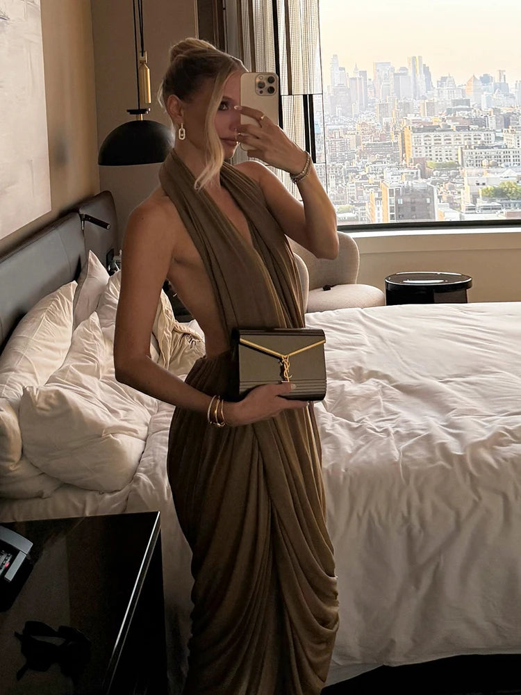 Brown Draped Sleeveless Backless Irregular Hem Solid Color Maxi Dress