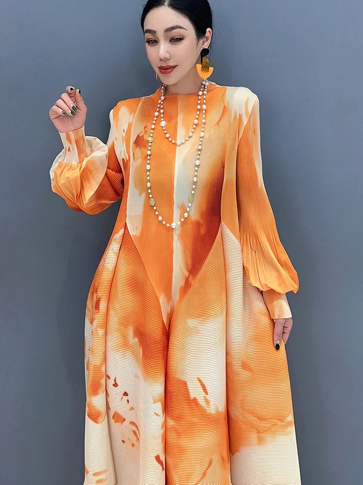 Chiffon Floral Tie-Dye Print Spliced Pleated Long Lantern Sleeve Big Swing Formal Maxi Dress