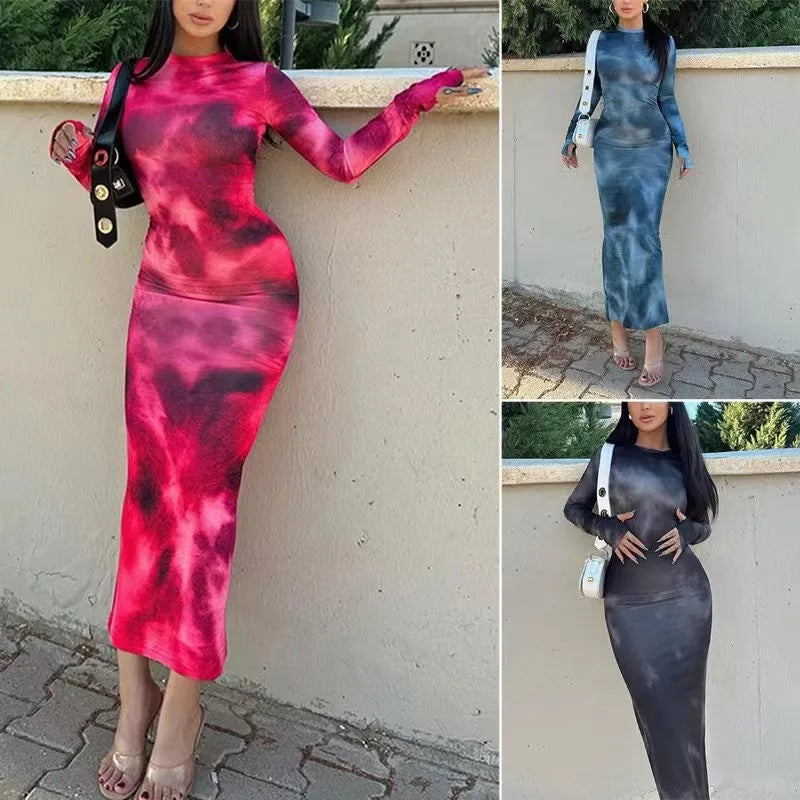 Tie-Dye Long Sleeve Skinny Fit Bodycon Maxi Dress