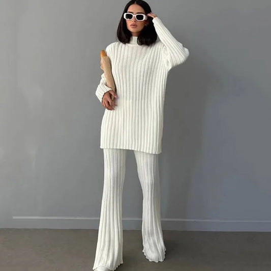 Turtleneck Knitted Solid Pullover Winter Sweater + Matching Knitted Leggings Two Pieces Set