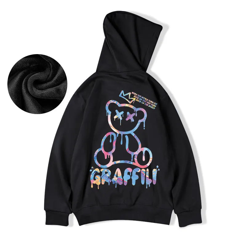 "Graffiti" Bear Print Men's Fleece Hoodie Retro Pullover Hip-Hop Hoodie Sweatshirts