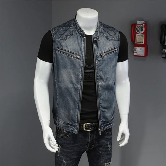 Punk Men's Denim Sleeveless Ripped Slim Fit Mandarin Collar Hip-Hop Jean Vest