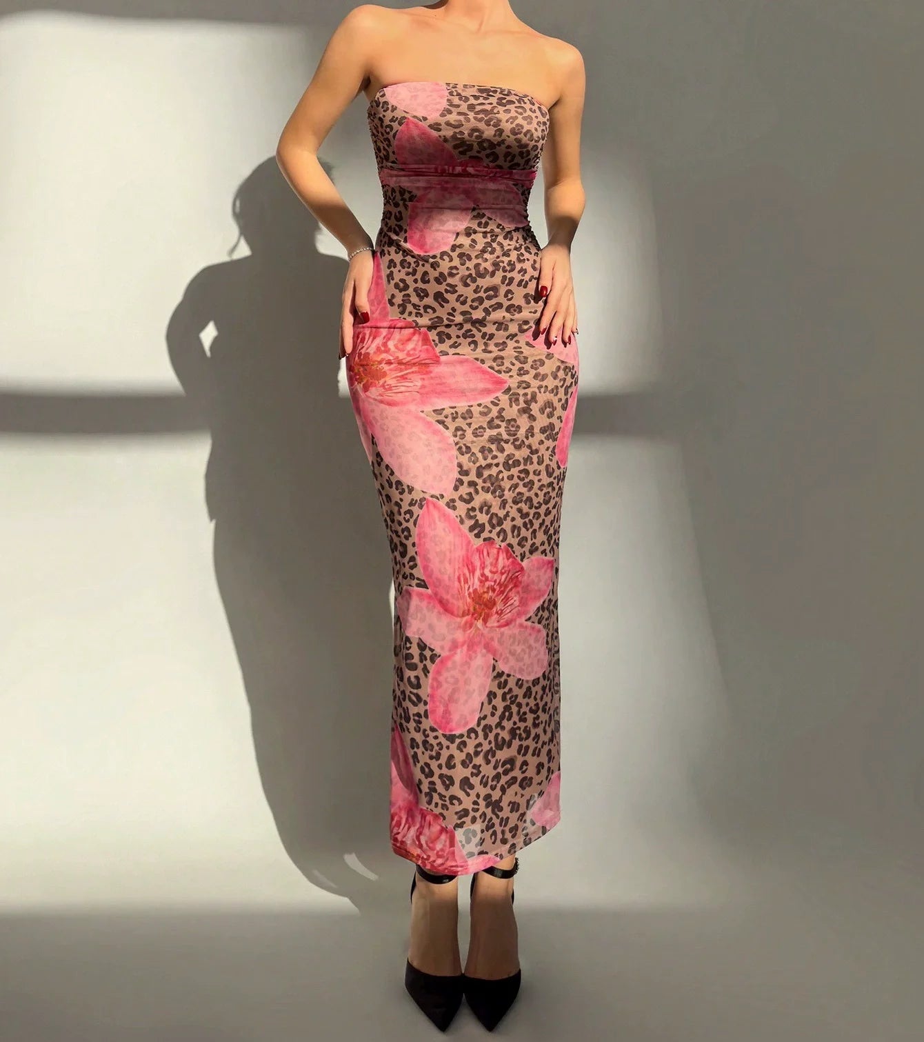 Sleeveless Big Flower Print Bodycon Skinny Maxi Tube Dress