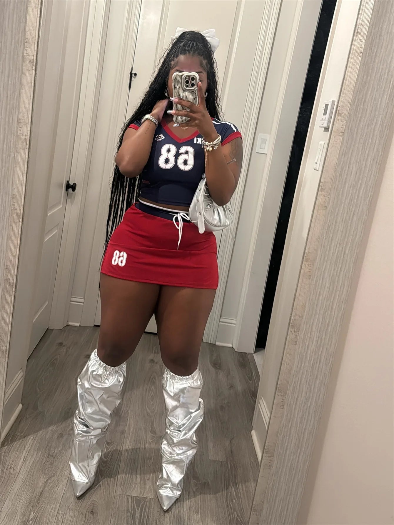 Letter Print V-Neck Crop Top + Drawstring Streetwear Mini Skirt Women's 2-Piece Set