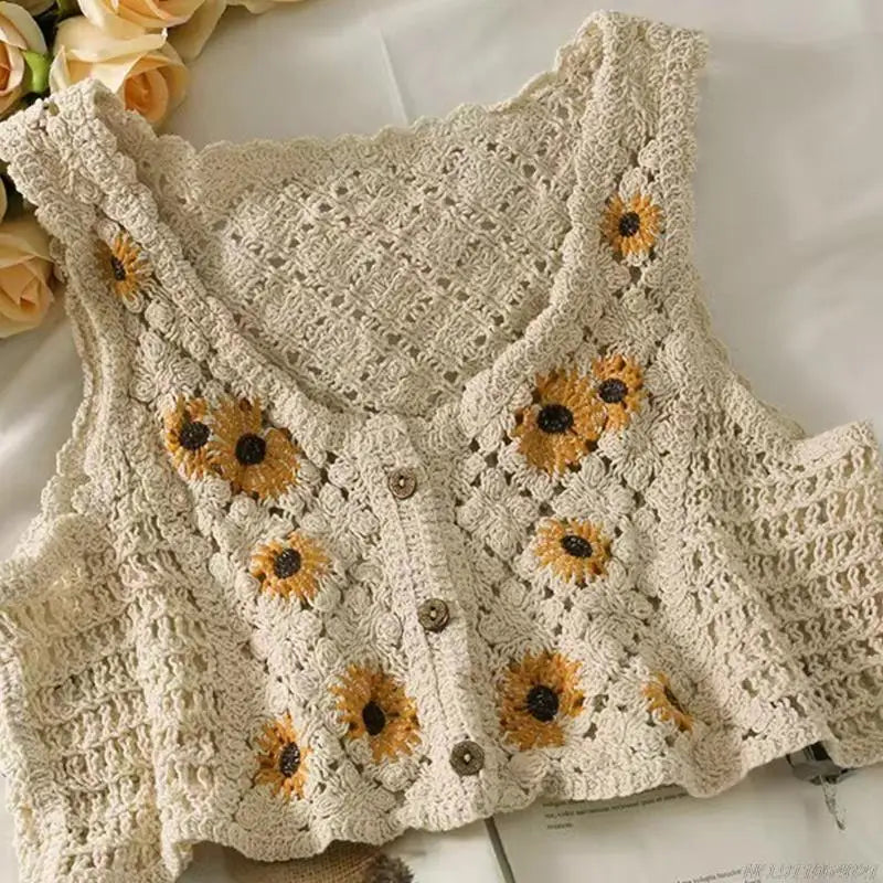 Crochet Multi-Colored Square Flower Design Knitted Square Neck Women's Sleeveless Cropped Tank Top
