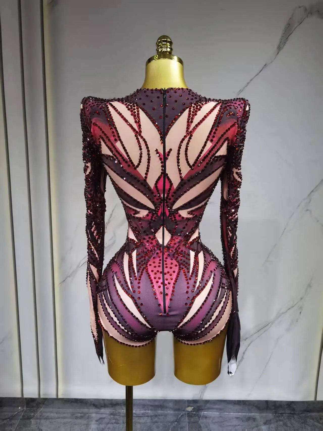 Sparkling Rhinestone Hollow-Out Long Sleeve Stage Formal Stage Performance Skin Tight Bodysuit