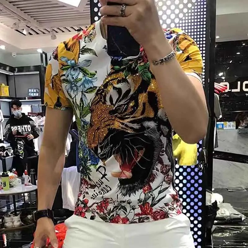 Rhinestone Tiger Floral Graffiti Print O-Neck Slim Short Sleeve Men's T-Shirt