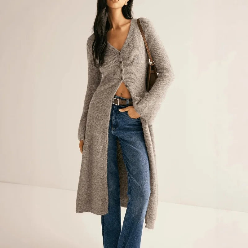 Knitted Long Flared Sleeve Button Front Bodycon Women's Maxi Sweater
