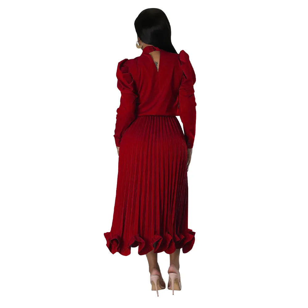 Women’s Solid Color O-Neck Lantern Sleeve Blouse + A-Line Flounce Formal Pleated Maxi Skirt w/ Sash Belt 2-Piece Set