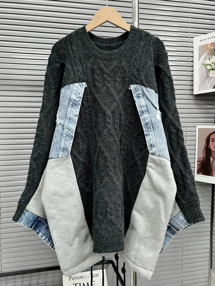 Patchwork Denim Colorblock Round Neck Long Sleeve Streetwear Sweater