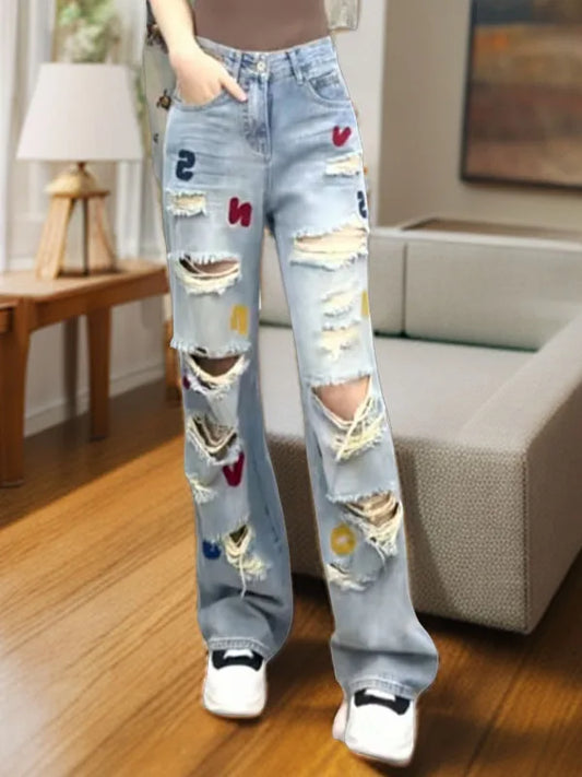 Denim Patch Varsity Style Embroidered Ripped Faded Washed Women's Hip-Hop Streetwear Jeans