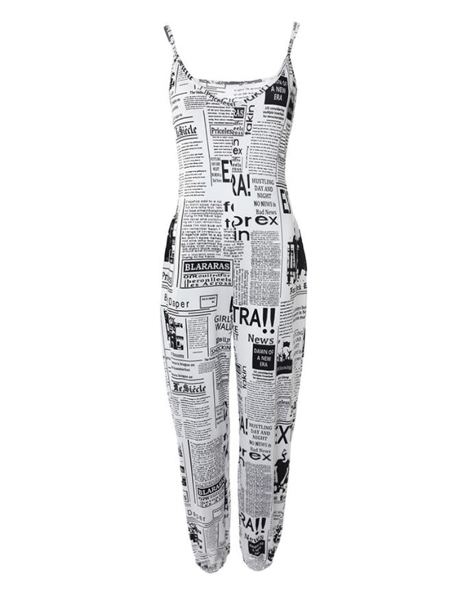 Ombre Gradient/Newspaper Printed V-Neck Spaghetti Strap Harem Pant Jumpsuit w/ Pockets