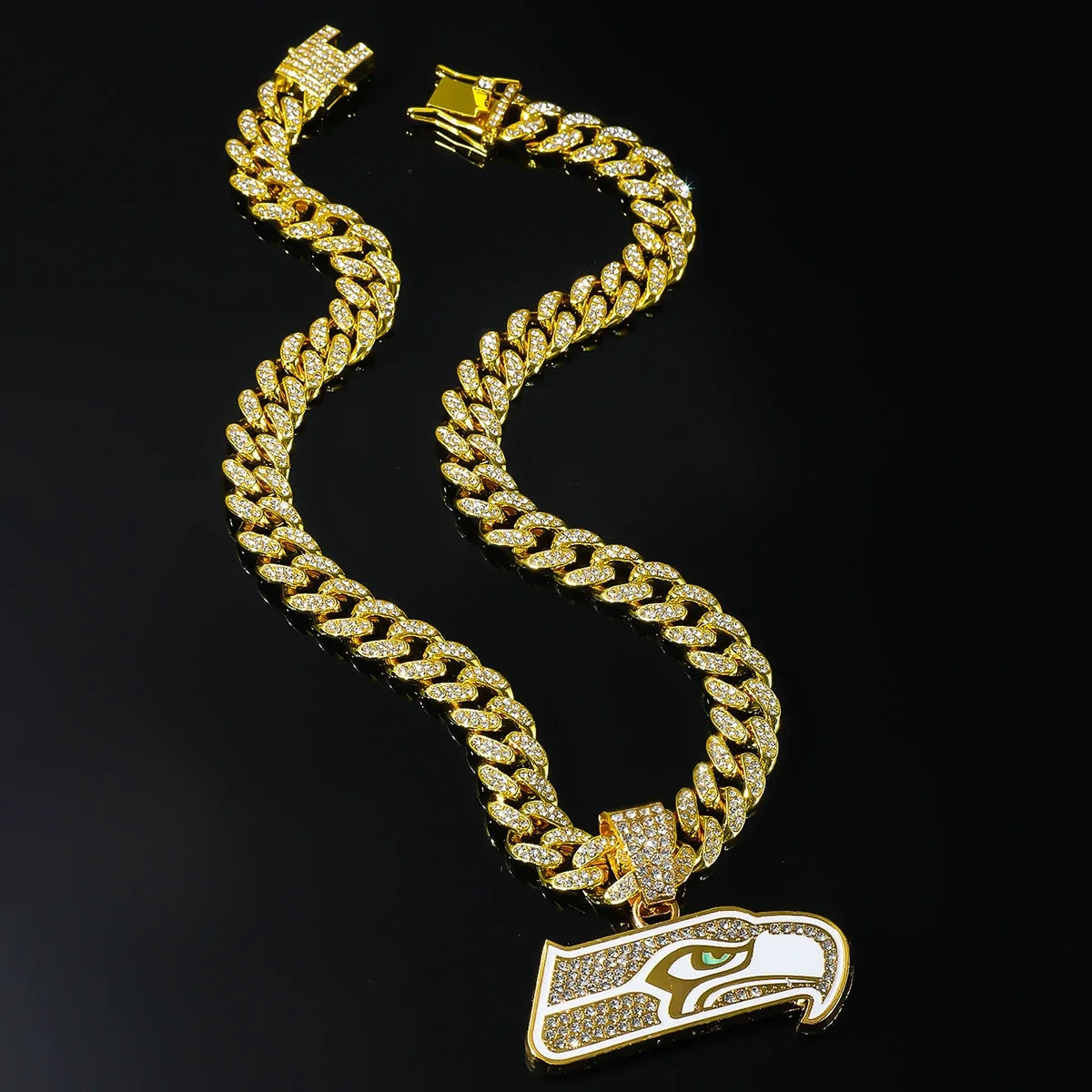 Seattle Seahawks Diamond Owl Pendant Alloy Cuban Link Hip-Hop Chain Necklace
