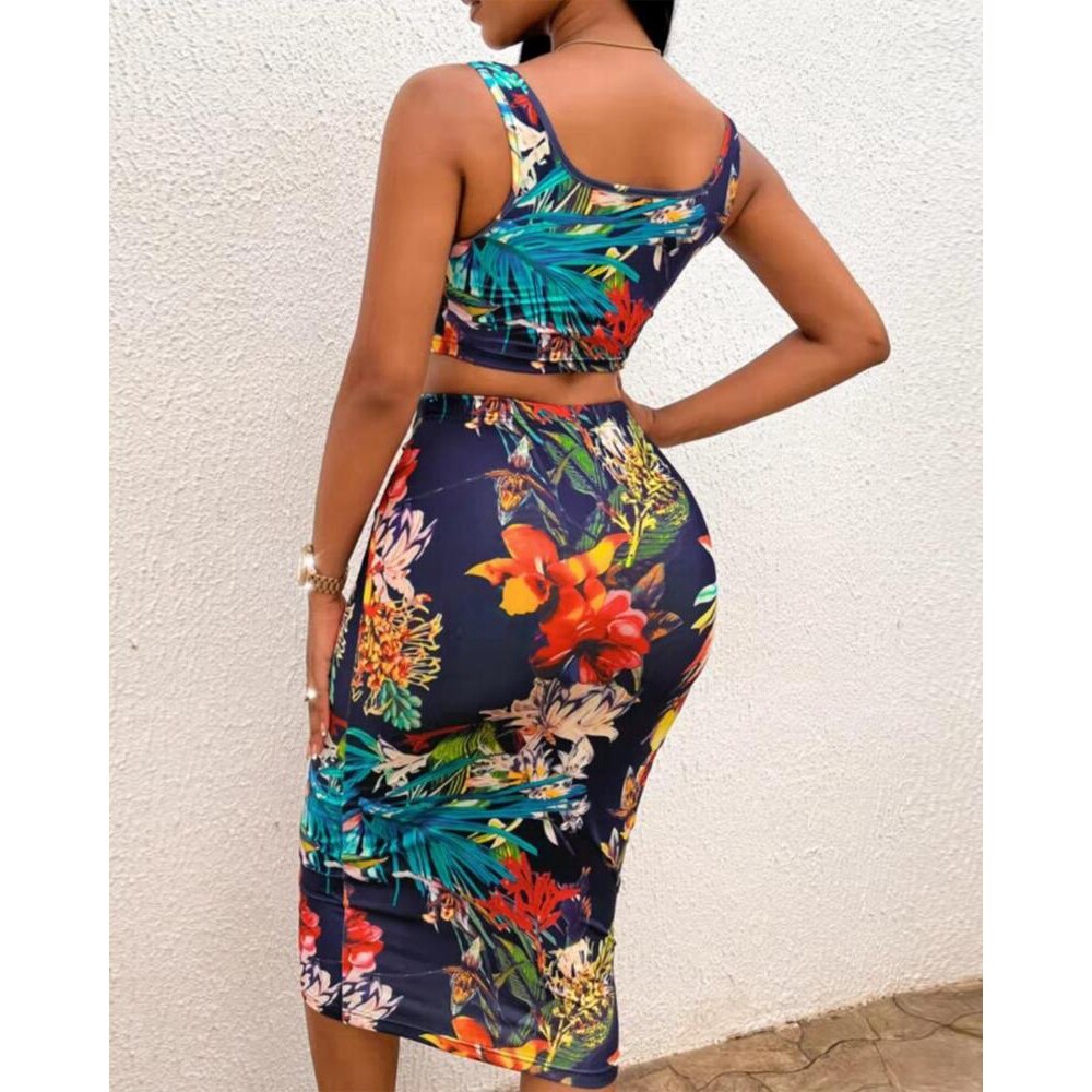 Tropical Print Crop Tank Top & Midi Skirt 2-Piece Set