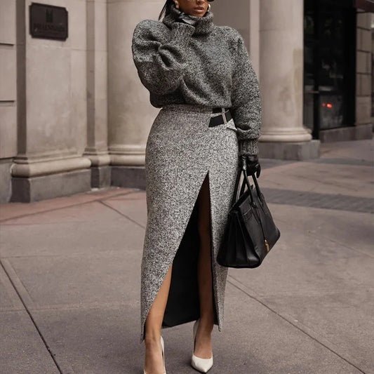 Grey Long Sleeve Turtleneck Pullover Sweater + High Front Slit Pencil Midi Skirt 2-Piece Set