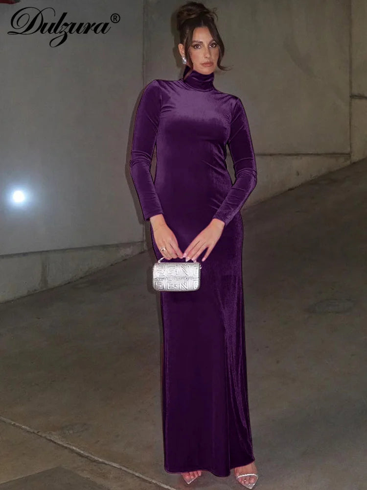 Velvet Turtleneck Long Sleeve Solid Maxi Dress