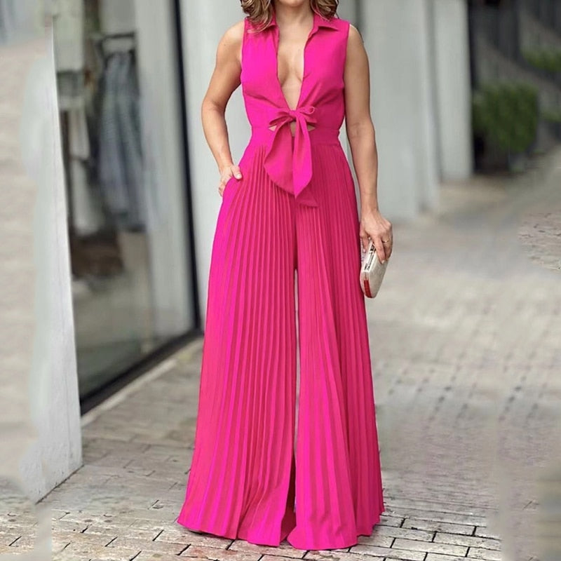 V-Neck Sleeveless Lapel Solid Pleated Lace Up Loose Wide Leg Jumpsuit