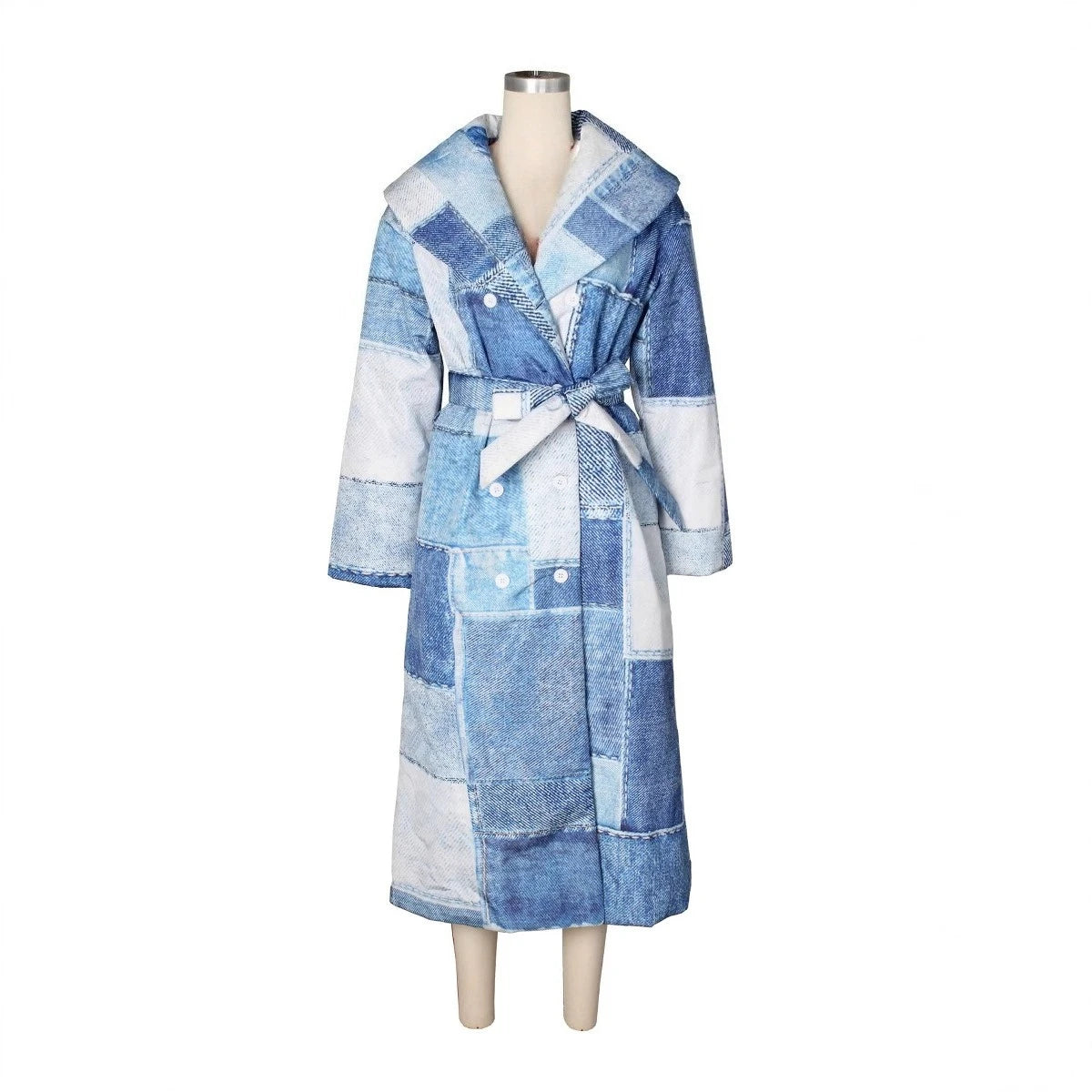 Denim Colorblock Checker Print Longline Padded Double Breasted Belted Streetwear Women's Trenchcoat