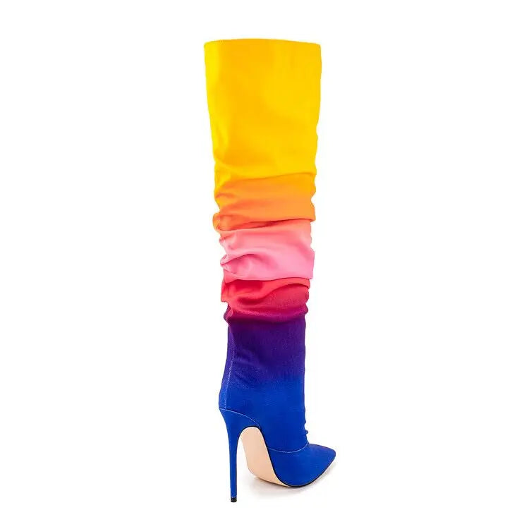 Rainbow Gradient Ruched Pointed Thin Heel Women's Stacked High Heel Boots