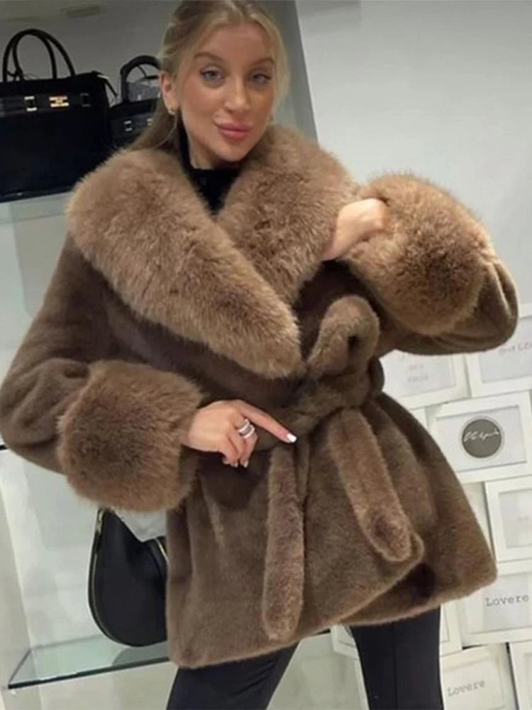 Vintage Solid Color Women's Luxury Faux Fur Oversized Collar Long Sleeve Coat w/ Sash Belt