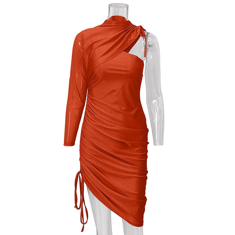 One Shoulder Drawstring Ruched Bodycon Solid Long Sleeve Dress