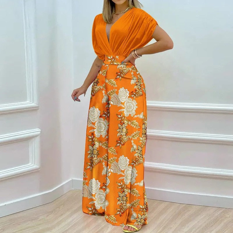 Floral V-Neck Printed Wide Leg Jumpsuit