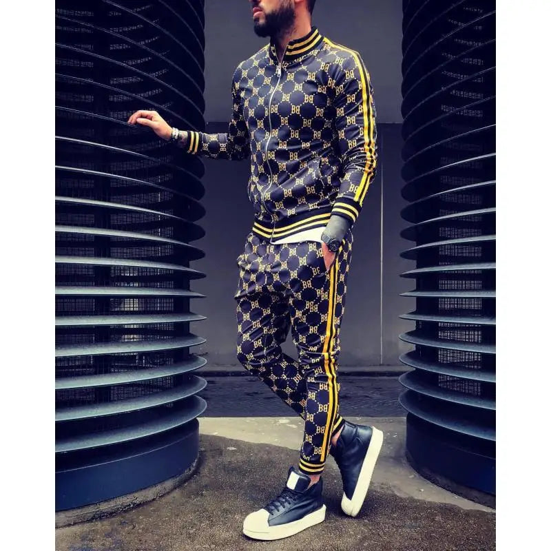 Velvet Monogram Side Striped Print O-Neck Sweat Jacket + Sweatpants Tracksuit